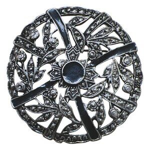 Vintage Victorian Art Deco Silver Black Brooch Round Floral Design Broach Pin